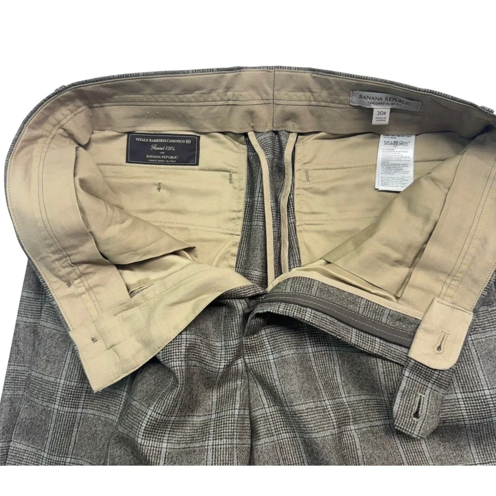 Banana Republic 30x32 Brown Plaid Flannel Wool Pants Trousers Italian Fabric